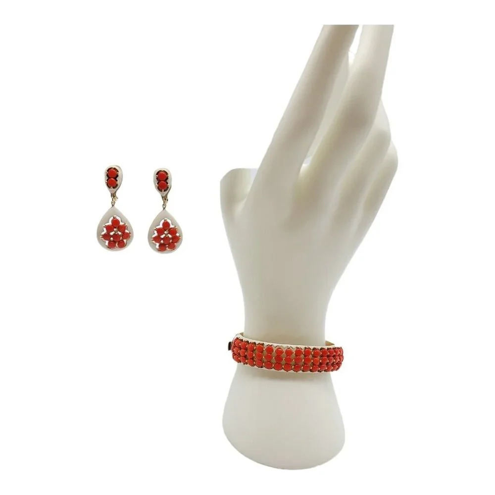 TRIFARI Coral Cabochon White Enamel Gold Tone Bangle Bracelet Dangle Earrings